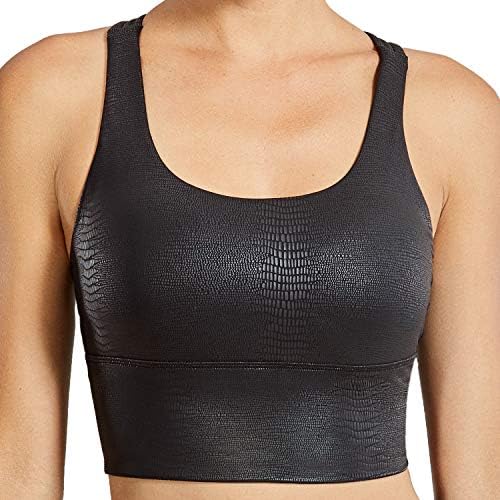 CRZ YOGA Women's Longline Matte Faux Leather Sports Bras - Strappy Wirefree Padded Medium Impact Workout Crop Tank Top Faux Leather Black Lizard Medium