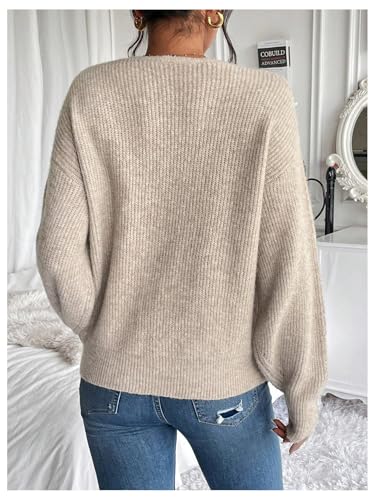 Women's Pearls Beaded Pullovers V Neck Drop Shoulder Loose Sweater Top2