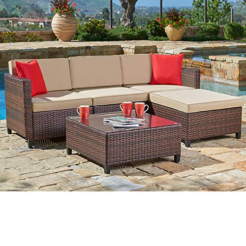 SUNCROWN Outdoor Sectional Sofa (5-Piece Set) All-Weather Brown Checkered Wicker Furniture with Brown Seat Cushions and Modern Glass Coffee Table, Patio, Backyard, Pool