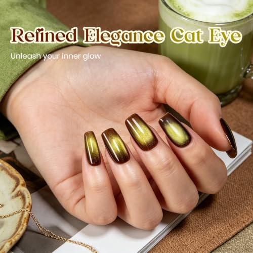 Image of Beetles Pistachio Latte Cat Eye Gel Polish - Brown Base Green Magnetic Glow | 15ml Fall Brown Cat Eye Gel Green Magnetic, Glass Shimmer Effect Soak Off UV Nail Polish for DIY Nail Art Salon Manicures