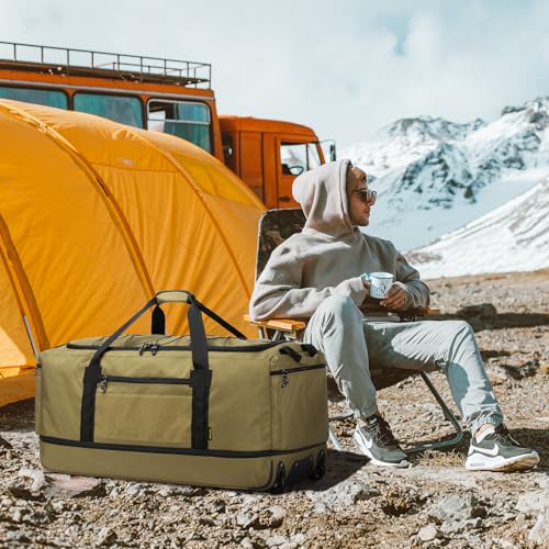 Laripwit Collapsible Duffle Bag with Wheels 130-170L Extra Large Expandable Travel Duffel Bag for Men Women Heavy Duty Military Duffle Bag for Camping Rolling Foldable Carry On Luggage, Brown2