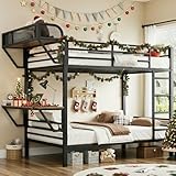 Bunk Bed Twin Over Twin, Metal Bunk Beds with Power Outlets & Desk, Heavy-Duty Bunkbeds Frame with Safety Guardrail & Ladders, Upper Bed with Storage Rack, No Box Spring Needed, for Juniors, Black
