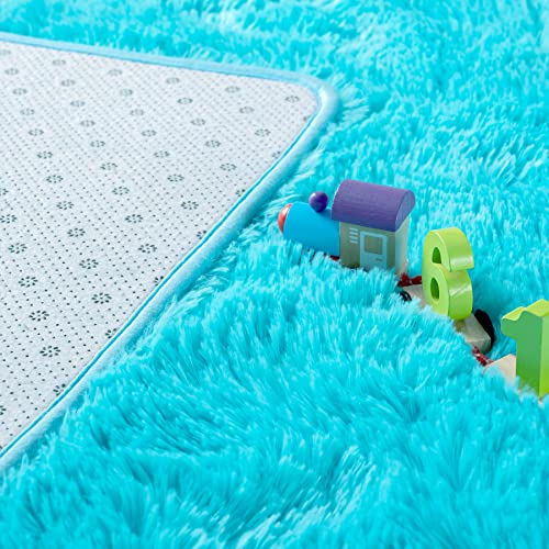 Noahas Fluffy Teal Blue Area Rugs for Bedroom Living Room,4x5.3 Feet Thick Shag Throw Floor Carpet,Soft Shaggy Non-Slip Plush Dorm Nursery Kids Rug Home Decor Aesthetic - Thumbnail 4