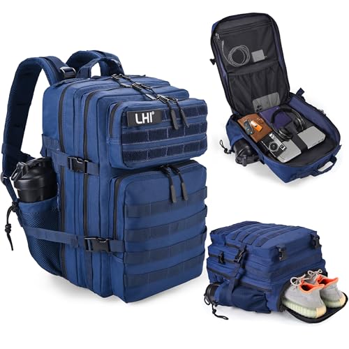 LHI Military Tactical Backpack for Men and Women 45L Army 3 Days Assault Pack Bag Large Rucksack with Shoe Compartment - Black and White