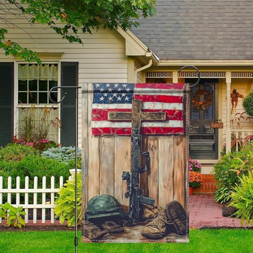 Image of Nuxovilar Veteran Garden Flag Rifle Boots Cross 12x18 Inches Polyester | Patriotic Flag, Memorial Banner veteran garden sign, military boots cross display yard, porch, lawn (Patriotic)