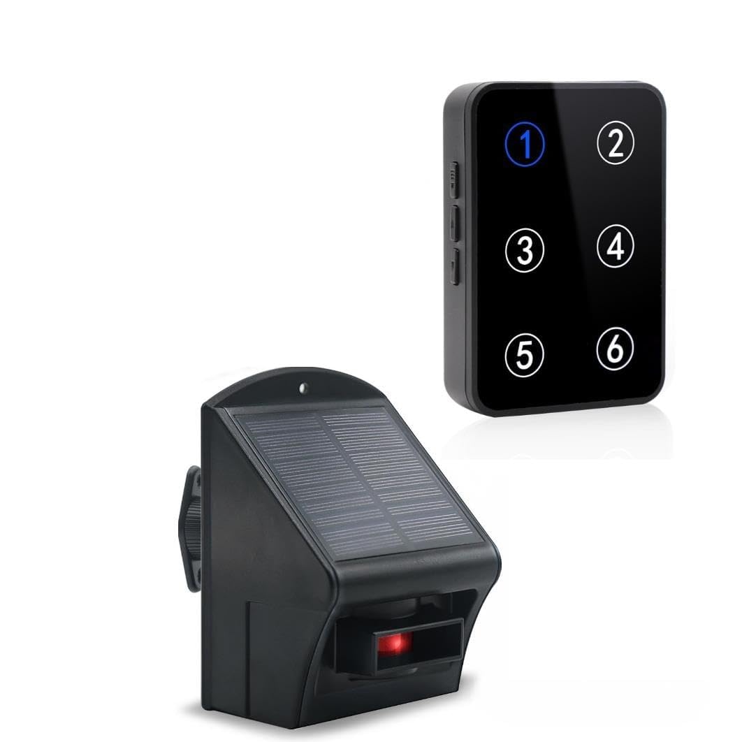 IGREEN Alarma de entrada inalámbrica solar, resistente a la intemperie, alarma con sensor de movimiento para exteriores con receptor y 1 detector, sensor de entrada inalámbrico exterior resistente a