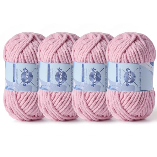 Image of 4 Pack Chunky Chenille Yarn for Crocheting, Baby Yarn for Crocheting Soft Blankets, Bulky Yarns for Crochet Amigurumi, 400g (297yds) Fluffy Velvet Yarns for Hand Knitting (4 Pale Pink)
