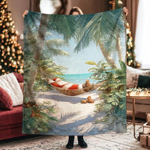 Santa Throw Blanket, Tropical Beach Palm Trees Hammock Christmas Green Fuzzy Blanket Compact...