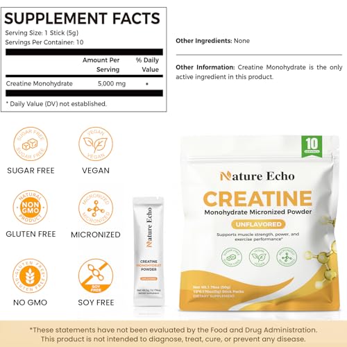 Image of Creatine Monohydrate Micronized Powder 10 Single-Serve Packs 5g | Clean, Unflavored 5000mg Creatine Travel Packs for Men & Women to Muscle Growth, Vegan, Gluten-free, no Sugar