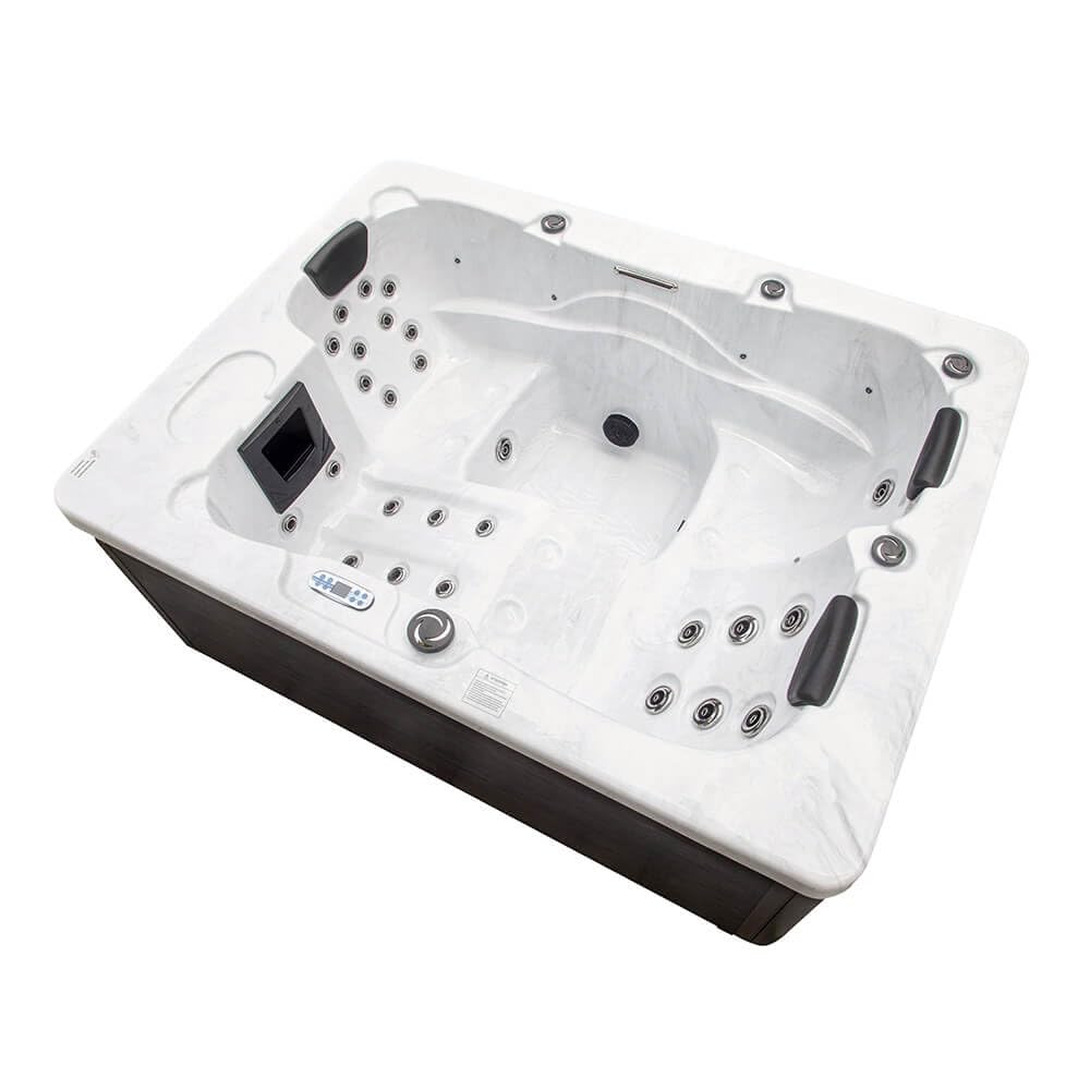 Home Deluxe - Outdoor Whirlpool - White Marble Plus Treppe und Thermoabdeckung - Maße 210 x 160 x 85 cm - Inkl. Heizung, 27 Massagedüsen und 9 Lichtquellen I Außen Whirlpool Spa für 3 Personen