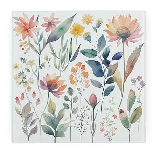 Pastel Flowers Large Square Glass Worktop Protector - Floral Glassware Gift - Smooth Board Kitchen Chopping/Cutting Board Worktop Saver with Non-Slip Feet 30cm x 30cm (12 x 12)