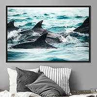 Framed Canvas Wall Art Swimming Free Cool Group Marine Life Multicolor Nautical Photography Realism Relax/Calm Whale - 16x24 inches