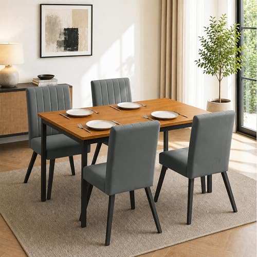 Image of Rosebell Set of 4 Dining Table Chairs with Wooden Top Table, Upholstered Cushioned Chairs, Modern Compact Dining Set for Home, Kitchen & Dining Room (Grey)