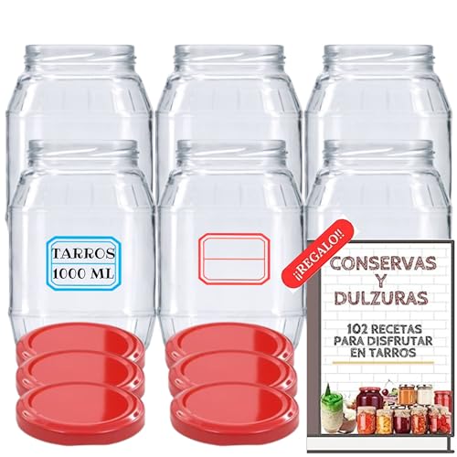 6 Tarros de Cristal de 1000ml con Tapas + Ebook con 102 Recetas para Conservas - Botes de 1 Litro con Tapa de Rosca - Cierre Hermético para Alimentos Caseros - Incluye Etiquetas (Tapas Rojas)