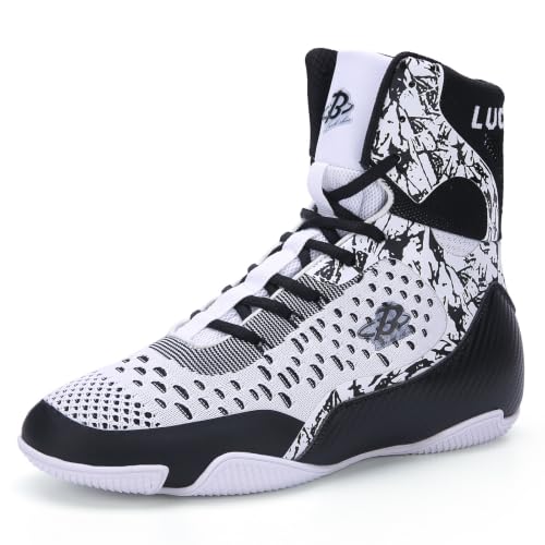 Image of Mens Boxing Shoes High Top Lightweight Breathable Boxing Boots with Ankle Support for Training and Sparring LS198