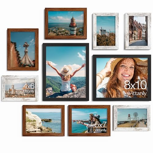 Image of Vittanly 10 Pack Picture Frames, Picture Frames Collage Wall Decor with Two 8x10, Four 5x7, Four 4x6 Frames, Gallery Wall Frame Set for Wall or Tabletop Display, Black, Walnut Brown, Distressed White