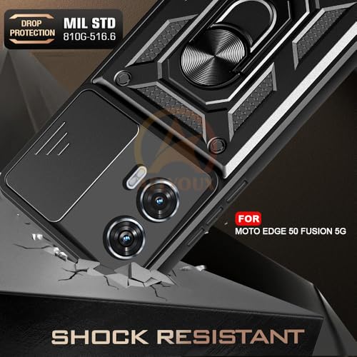 Image of Armor Bumper Back Cover Case for Moto Edge 50 Fusion 5G Rotating Camera Cover, Ring Holder & Kickstand | Heavy Duty & 360 Degree Protection Moto Edge 50 Fusion 5G Back Cover (Black)