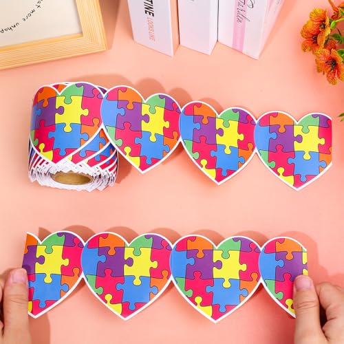Image of Whaline 65.6Ft Colorful Puzzle Heart Bulletin Board Border Autism Awareness Die Cut Trim Border Roll for Back to School Classroom Chalkboard Decoration