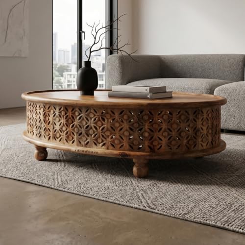 Image of Wooden Coffee Table for Living Room | Kara Solid Wood Handcrafted Center Table for Living Room | Oval Tea Table for Living Room | Wooden Furniture for Home (Natural)