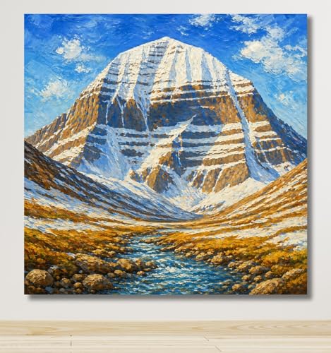 Image of Kunj Cart Mount Kailash Painting | 10+ DESIGNS | Kailash Parvat Canvas Painting for Living Room, Temple Home & Office Wall Decoration (Blue Kailash Mountain, 24x24 Inch, Framed)