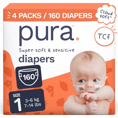 Image of Pura Baby Diapers Size 1-160 Count, 7-14lbs, 12hr Leak Protection, Gentle Newborn Diapers, Hypoallergenic & Sensitive Baby Skin, Toxin-Free*, Blowout Blocker, Wetness Indicator