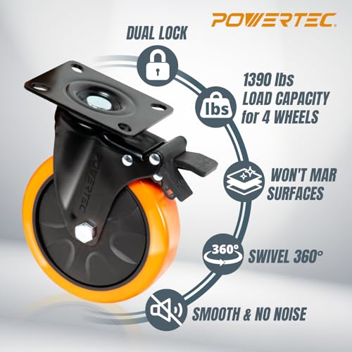 Image of POWERTEC 6 Inch Swivel Caster Wheels Set of 4 with Dual Locking Brake - 1390 lbs Loads Heavy Duty Industrial Grade - Ideal for Heavy Equipment, Automotive Workshop, Cart, Dolly and Workbench (17216)