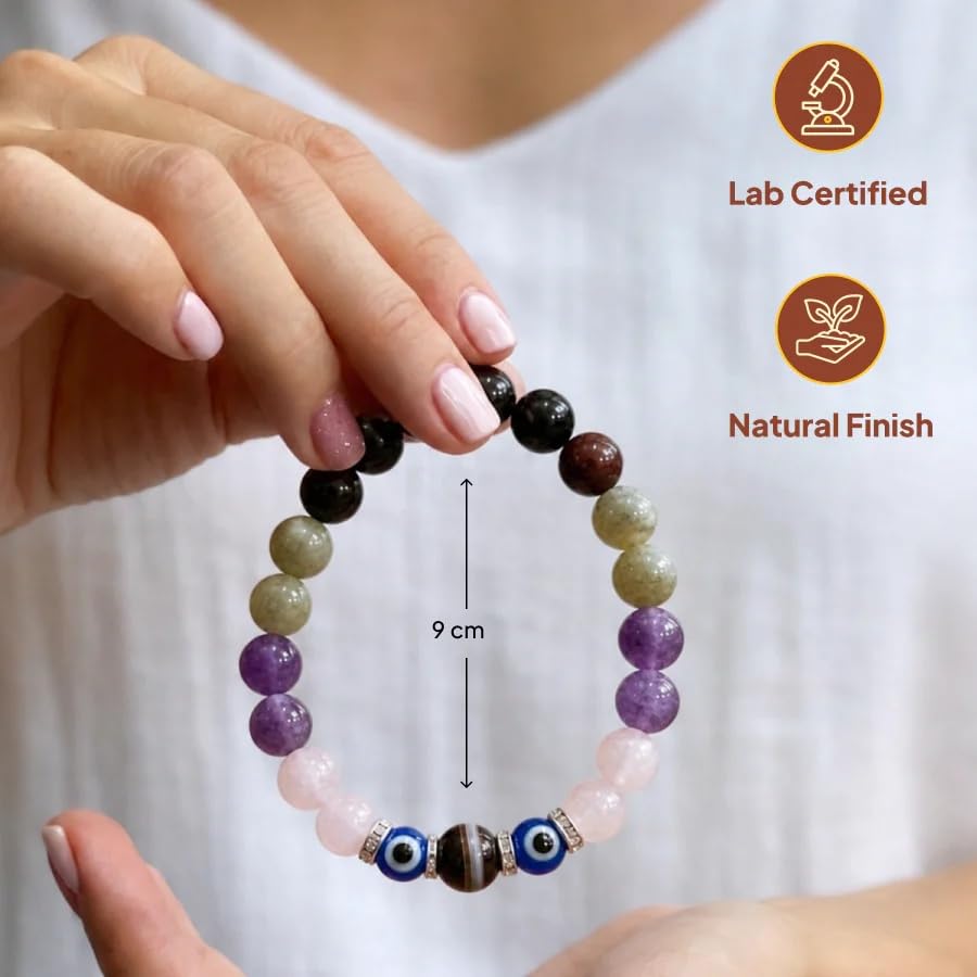 Image of Vrishchika (Scorpio) Rashi Bracelet | Black Obsidian, Garnet, Labradorite, Amethyst, Rose Quartz, Evil Eye | For Transformation & Power | Strengthen Emotional Resilience | For Men & Women