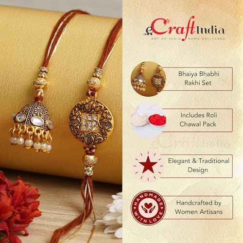 Image of eCraftIndia Designer Bhaiya Bhabhi Rakhis with Roli Chawal Pack and Raksha Bandhan Greeting Card - Rakhi for Brother, Bhaiya, Bhai