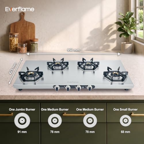 Image of Everflame Hexon Long 4 Burner Stainless Steel Gas Stove | 2mm Thick Jointless SS Body | 3D Forged Brass Burner | ISI Certified | Manual Ignition | 2 Years Manufacturer Warranty