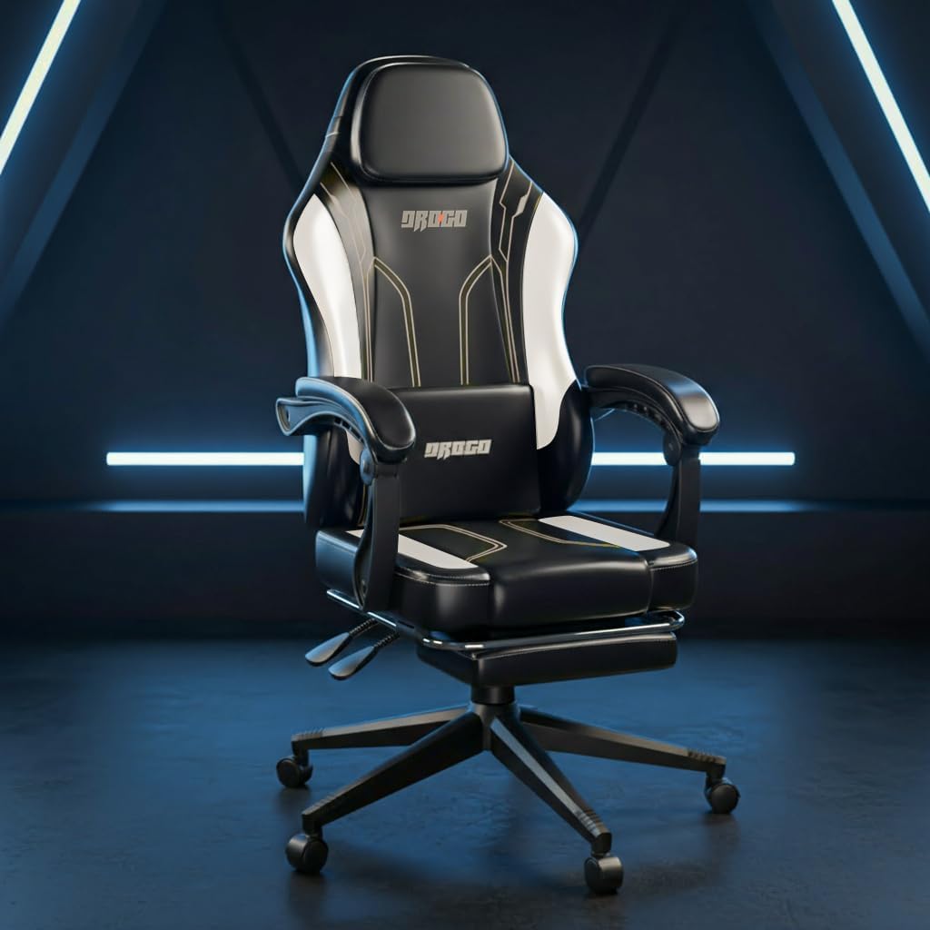 DROGO Ergonomic Gaming Chair with Premium PU Leather Fabric, Linkage Armrest, Adjustable Neck & Lumbar Pillow | Computer Chair for Study | Home & Office Chair with Recline (Black/White) DROGO Ergonomic Gaming Chair with Premium PU Leather Fabric, Linkage Armrest, Adjustable Neck & Lumbar Pillow | Computer Chair for Study | Home & Office Chair with Recline (Black/White)