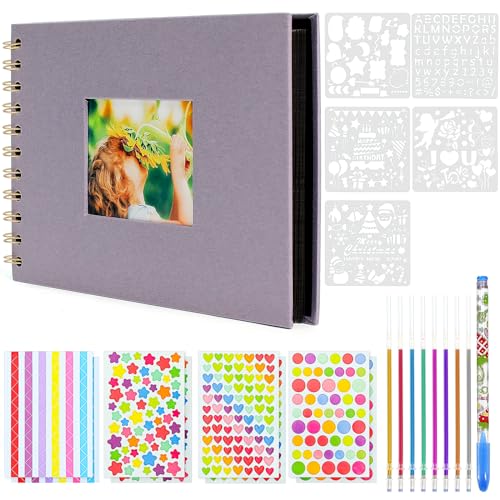 Album de Fotos 60 Páginas Negras Scrapbook Espiral para Pegar y Escribir DIY Scrapbooking Set con Photo Corners Pegatinas para Boda Cumpleaños Aniversario Bodas, Vacaciones (Púrpura)