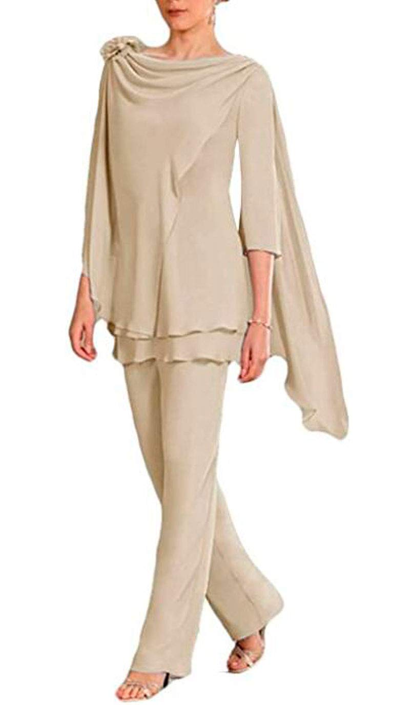 Botong Women's Champagne 2 Pc Chiffon Outfits Tiered Mother Of The Bride Pants Suit Wedding Prom Evening Dress Suit Uk18