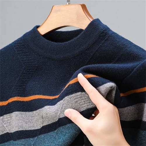 Men's Color Blocked Striped Sweater Round Neck Casual Warm Thick Knitted Pullover2