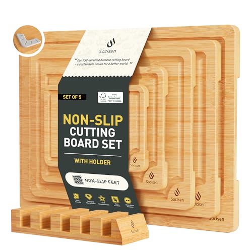 5 Packs Bamboo Cutting Board Set with Non Slip Feet Holder and Over Sink Nice Solid Thick Wood Juice Groove Chopping Board Small Big Xl XXl xlarge Oversized Kitchen Counter Organic Vegetable Meat Kit