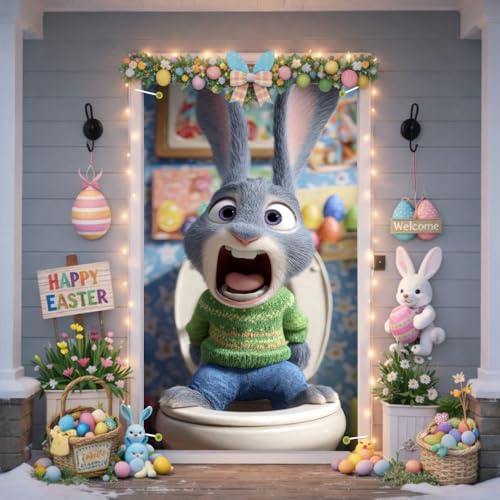 Image of Easter Door Cover 35.43 x 70.87 Inch Funny Bathroom Bunny with Expressive Face Colorful Egg Accents and Playful Interior Scene for Seasonal Door Decoration and Spring Holiday Display