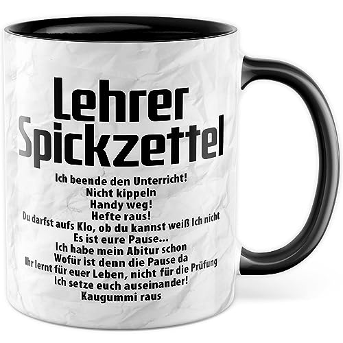Keramik Lehrer Tasse, Spickzettel, Geschenkidee lustig Lehrerin Beruf Spruch Grundschule, Geschenk Kollegen Schule (Weiß/Schwarz)