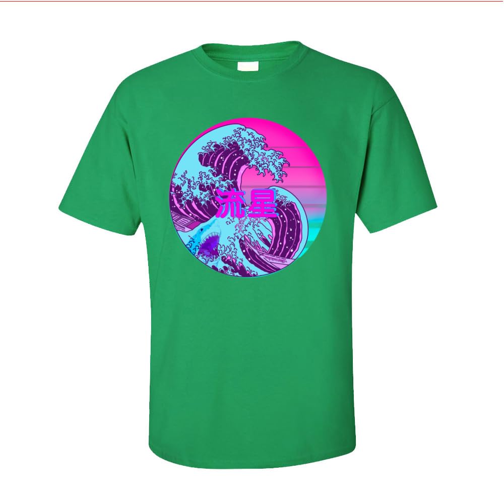 GenericJapanese Style T-shirts for Men 100% Cotton Great Wave T Shirt Sweatshirts Short Sleeve Vaporwave Tshirt Star (Green, S)