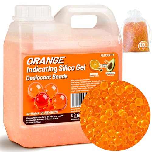 REHOUPTY Naranja Gel de Sílice 907g, Gel Silice Antihumedad Reutilizable, 3 5mm Perlas Desecantes Sílice Gel para Filamento 3D, Dispositivos Electrónicos, Cámara, Joyería (Contiene 10 Bolsas Organza)