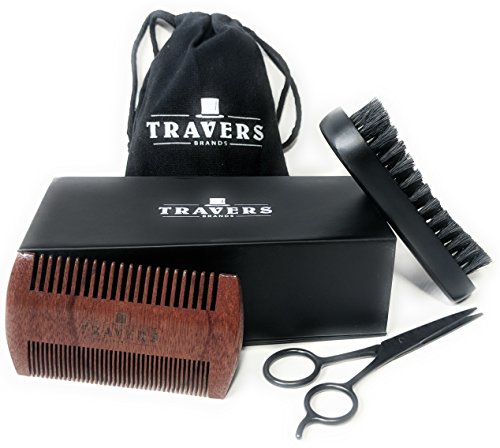 Travers Brands Beard Grooming Kit for Men, Beard & Mustache Growth Grooming & Trimming Gift Set, Black Boar Bristle Beard Brush, Red Sandalwood Beard Comb, Black Trimming Scissors for Styling
