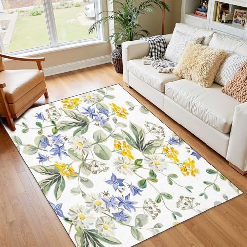4x5 Boho Rug Rugs for Living Room Rugs for Entryway Daisy Flowers bellflowers Leaves White Floral Seamless Yellow Bedroom Rug Door Mat Nursery Room Decor Rainbow Carpet