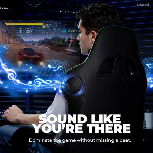 Image of GTPLAYER ACE-PRO Music Gaming Chairs - Built-in Speakers, App Support & Bluetooth Control, Computer Game Chairs with Footrest for Adults, Ergonomic, Reclining, Linkage Armrest, Black & Green Stitch