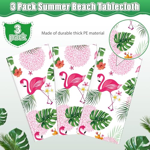 Image of 3 Pack Summer Flamingo Tablecloth Party Decorations, Hawaiian Tropical Plastic Table Cloth, Disposable Luau Table Cover for Summer Flamingo Picnic Birthday Party Supplies Decorations, 54 inch x 108 inch