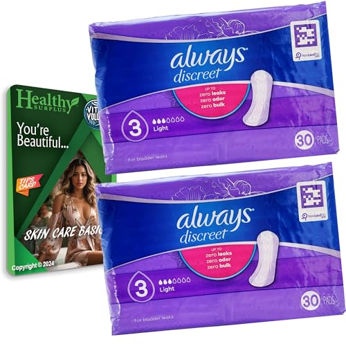 Always Discreet Light 30 Pads 3 Drop Liners for Bladder Leaks Incontinence - 2 Pack (60 Pads Total) - Vital Volumes Tips Card