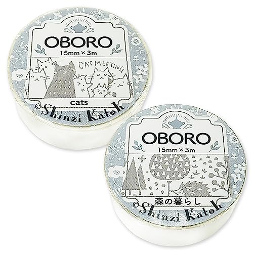 シール堂 マスキングテープ OBORO キャッツ・森の暮らし 白インク Shinzi Katoh 3m巻 2巻セット ks-dt-20096