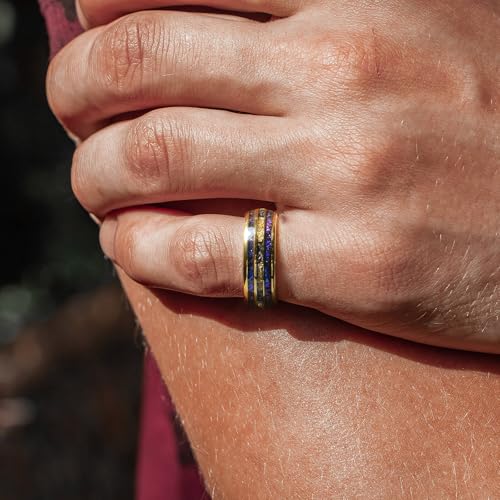 8mm Men's Gold Galaxy Ring, Tungsten Wedding Band with Purple Blue Opal and Chamfered Sparkling Finish - Comfortable Size 7-14, Comes in a Beautiful Gift Box3