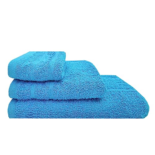 Acomoda Textil – Juego 3 Toallas de Baño 100 Algodón. Pack 3 Toalla Rizo con Cenefa 450 gr/m2, Toallas de Ducha, Lavado y Bidet Absorbente y Suave Pasa Aseo y Gimnasio. (Azul)