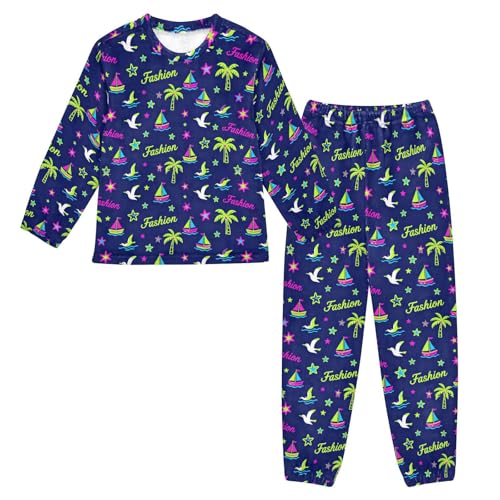 HXshaoye Fashion Navy Blue Seagull Boat Coconut Plush Pjama Set 2 PCS Pjs Set Sleepwear Long Sleeve Top with Bottom para