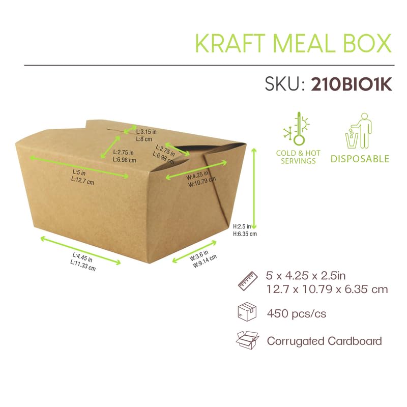 PacknWood Kraft Meal Box | Disposable Storage to Go Packaging | Heavy Duty Kraft Take Out Food Containers | Recyclable Lunch Meal Food Boxes - 25oz (L: 5.1in” W: 4.1in” H: 2.5in”) - 450 Pcs