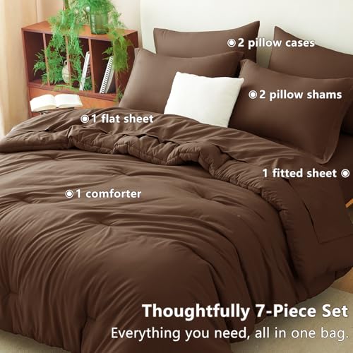 CozyLux Queen Comforter Set Brown, 7 Pieces Bed in a Bag Queen Size Comforter Set with Sheets, Bedding Sets with Down Alternative Comforter, Fitted Sheets, Flat Sheets, Pillow Shams and Pillowcases