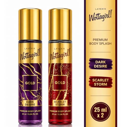 Image of Layer'r Wottagirl Gold Premium Body Mist Combo for Women, 25ml x 2 | Dark Desire & Scarlet Storm | Long-Lasting Spicy Woody & Floral Fragrance | Travel Size Perfume Set | IFRA Certified